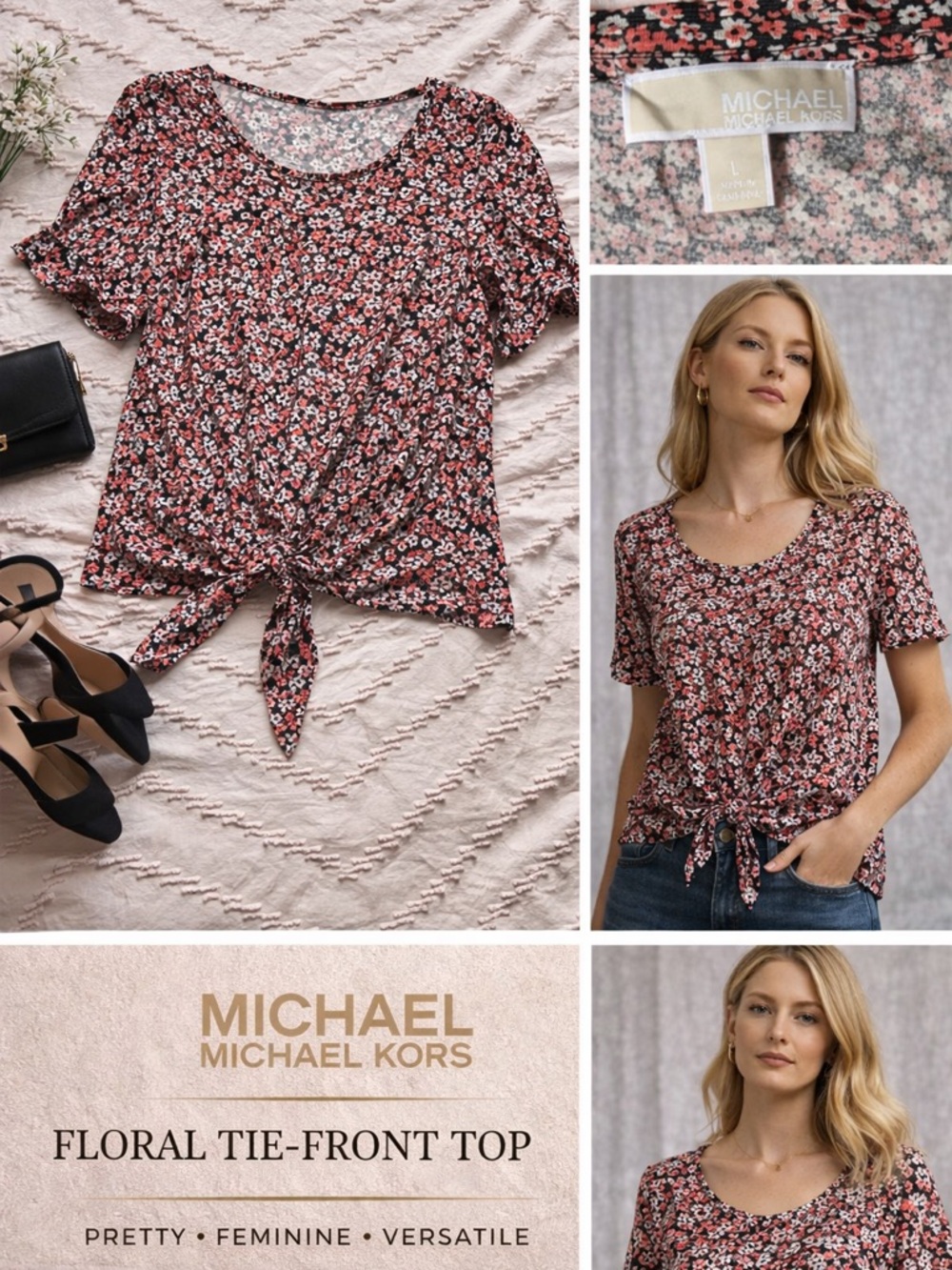 MICHAEL Michael Kors Black and Pink Floral Tie-Front Short Sleeve Top
